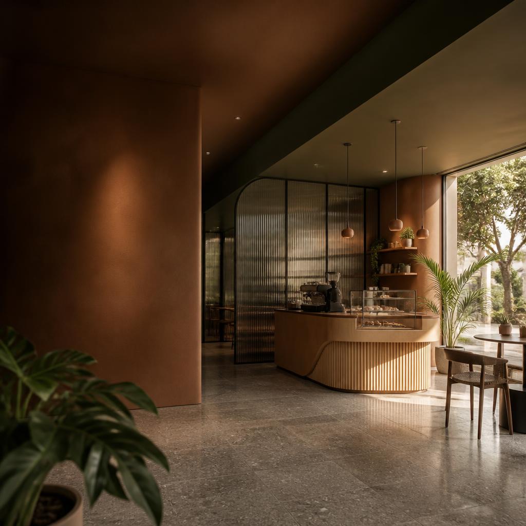 Illustrative cafe interior with an oak counter and warm lighting