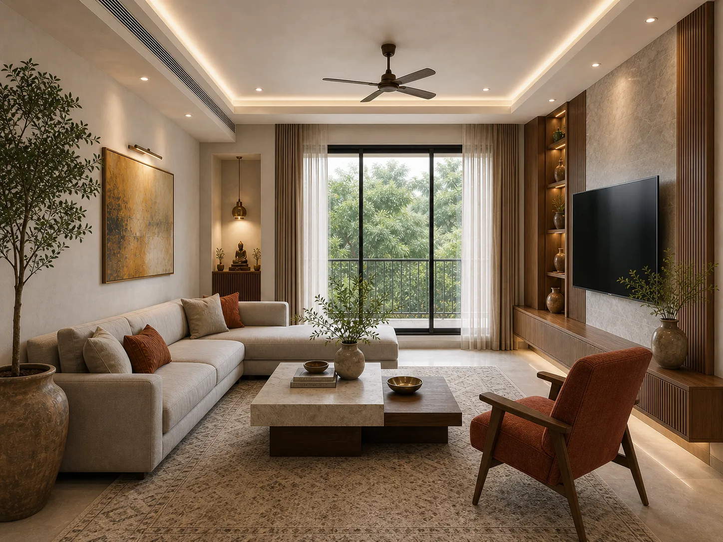 Living room design visualisation with a fluted TV wall and low floating console